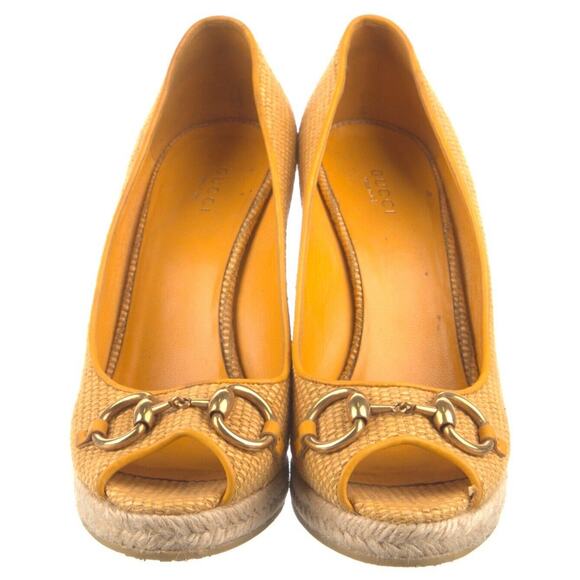 Authentic Gucci Yellow Raffia and Leather Charlotte Horsebit Wedge Pumps Sz 9.5 - Picture 2 of 6